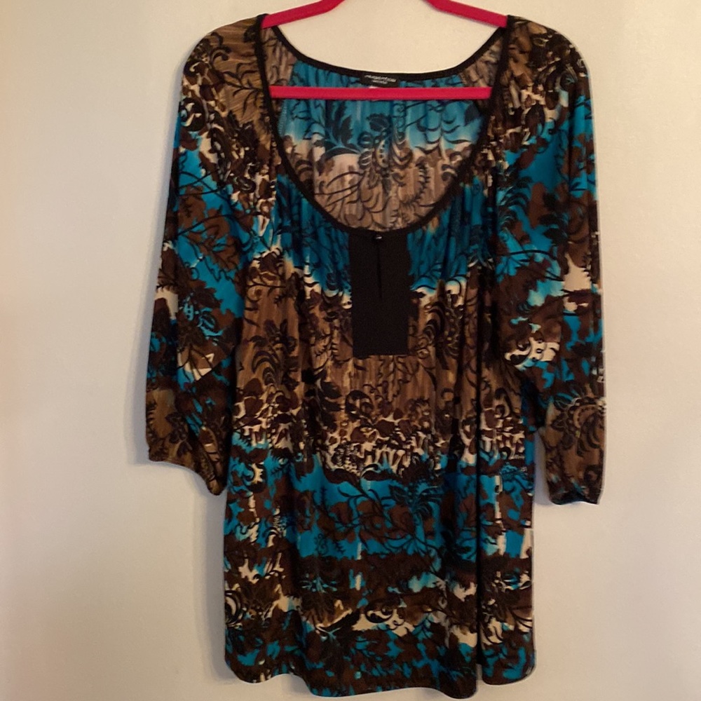 Perception Woman Cream w Brown Aqua & Black Leaf Print Top Size 3X